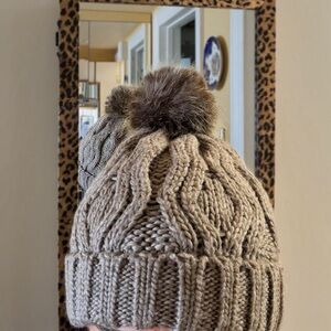 H&M Cable Knit Beanie with Faux-Fur Pom in Taupe